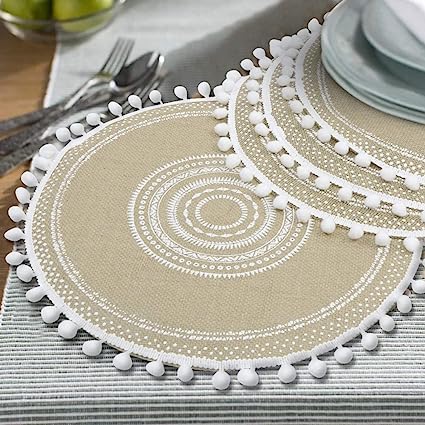 Tribal Folk Geometric Circles Pattern Round Placemat - Farmhouse Jute Table Mats  (Jute, Set of 4)