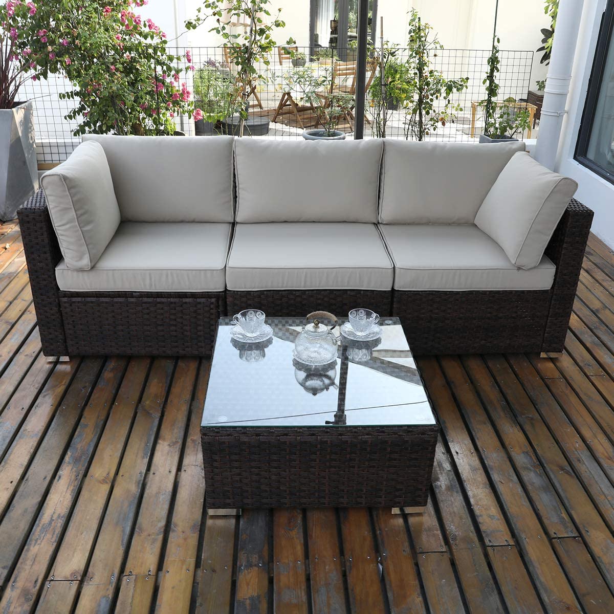 DIMAR garden Outdoor Coffee Table with Tempered Glass Top Wicker Patio Furniture Sets Rattan Sectional Small Table (Black 19.7in)