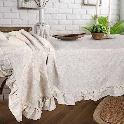 Rustic Flounces Tablecloth Washable Vintage Ruffle Trim Table Cover (White, Rectangle - 60" x 102")