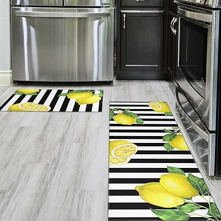 2 Piece Washable Non-Slip Black Boho Kitchen Mats