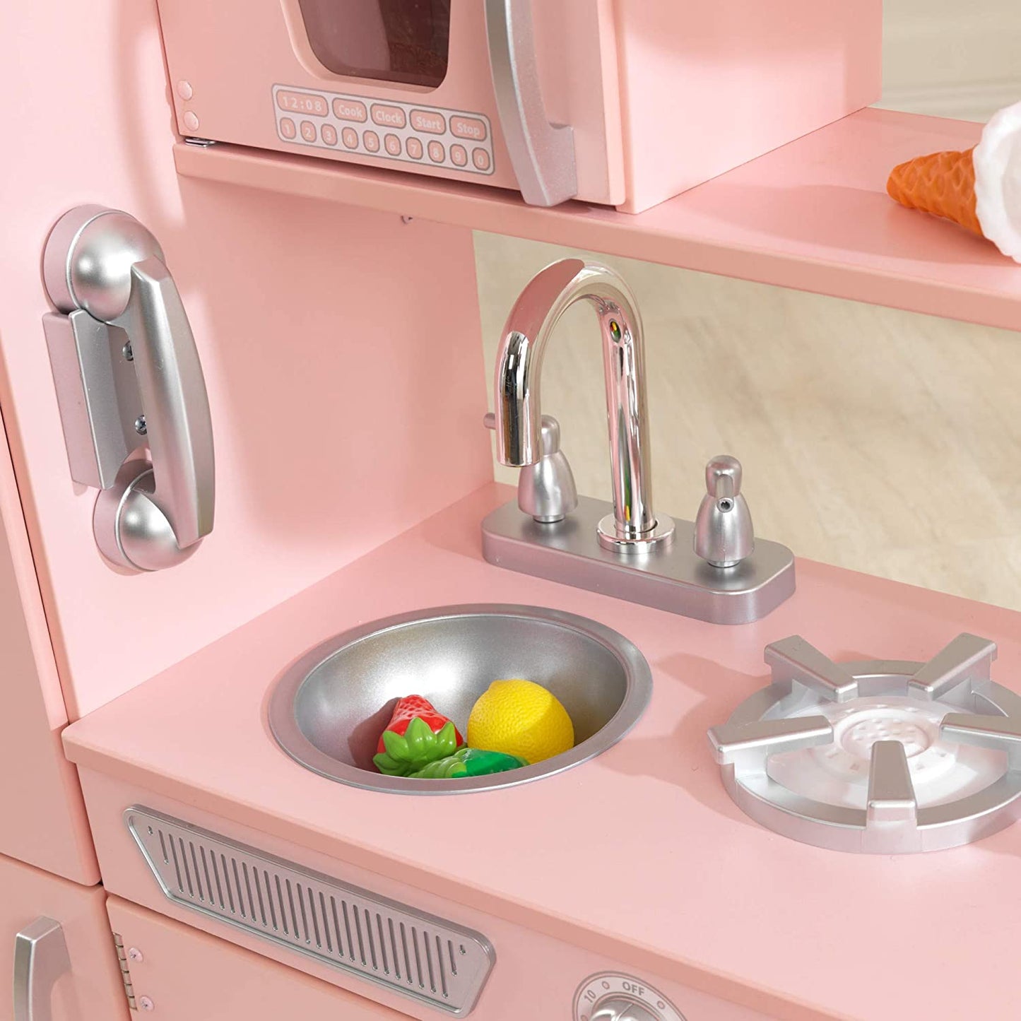 Vintage Wooden Play Kitchen with Pretend Ice Maker and Play Phone, Pink,