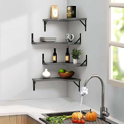 Set of 4, Floating Corner Shelves for Wall Décor Storage, (Grey)…