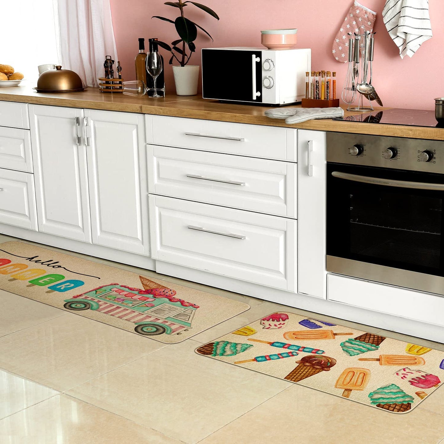 Set of 2 Hello Summer Ice Cream Truck Kitchen Rugs 17x29 and 17x47 Inch DM076