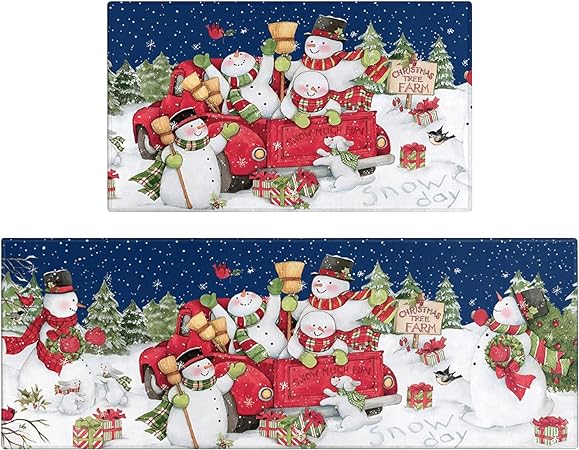 Set of 2, Non Skid Washable Winter Snowman Let It Snow Snowflake Knitted Gloves Xmas Holiday Sink Floor Mat, 17"x47"+17"x30"