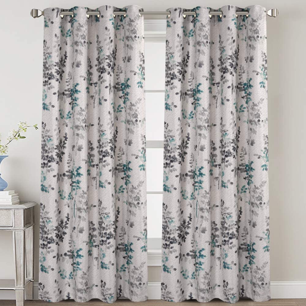 Linen Blackout Curtains 63 Inches Burlap Effect Linen Curtain Draperies for Grey Floral Printing Grommet 2 Panel