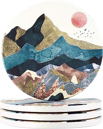 Round Drinks Absorbent Stone Coaster Set With Ceramic Stone and Cork Base (Forest, 4)