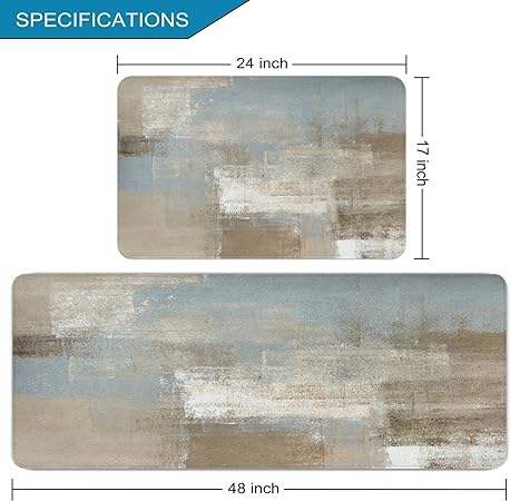 2 Pieces Abstract Anti Fatigue Non Slip Foam Cushioned Blue and Brown Art Painting Comfort Indoor Floor Mat, (17"x48"+17"x24")