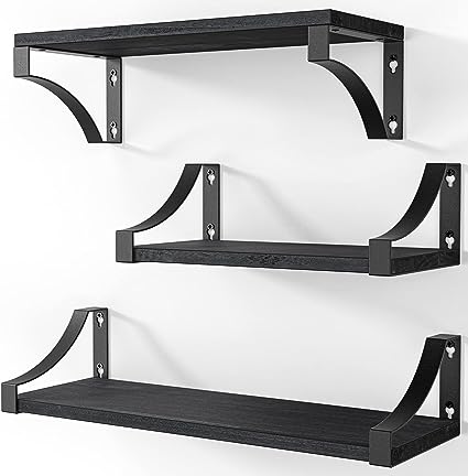 Set of 3 Floating Shelves with Heavy Duty Metal Frame, Hold up to 55lbs, Gray