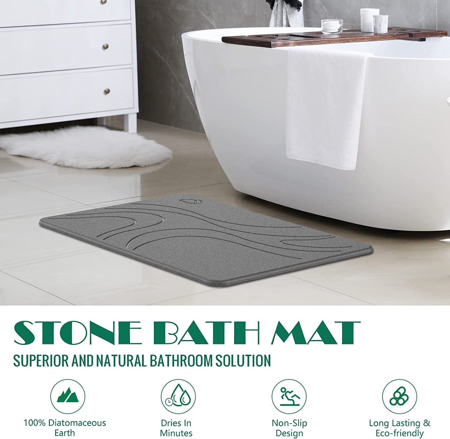 Non Slip Diatomaceous Earth Stone Bath Mat (23.5"x15", Gray)