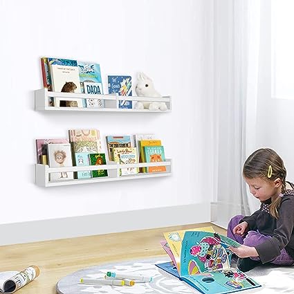 Floating Nursery Book Shelves for Wall Set of 2, Classic White Wall Bookshelf for Kids Room,Book Shelf for Kids Rooms Bedroom Bathroom (16.5 inches Set of 2 White)