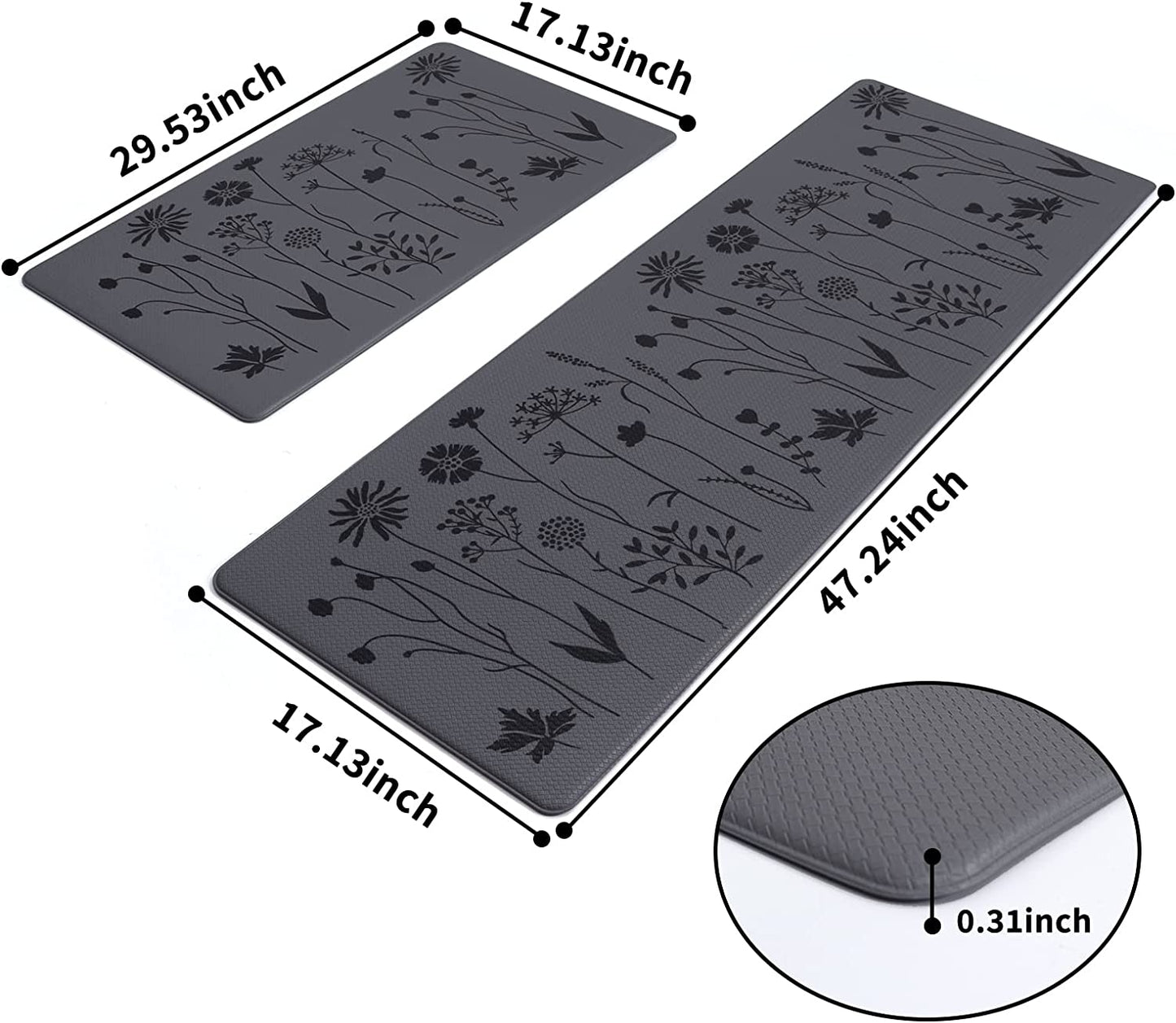 2 Pcs - Cushioned Anti-Fatigue Floor Mat-17"x47"+17"x29" (Grey)