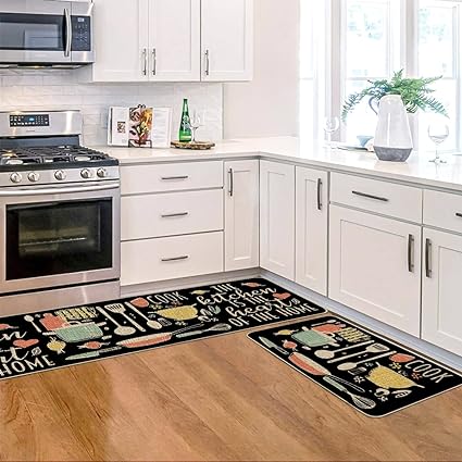 The Kitchen is The Heart of The Home Kitchen Mats Set of 2, Seasonal Cooking Sets Holiday Party Low-Profile Floor Mat for Home Kitchen - 17x29 and 17x47 Inch