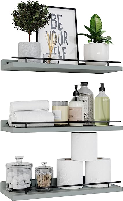 Set of 3 Floating Shelves with Black Metal Guardrail