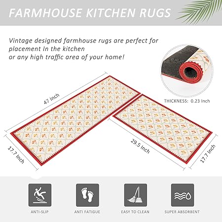 2 PCS Vintage Water Absorb Microfiber Non Skid Washable Farmhouse Kitchen Mats and Rug Set - 17"x29.5"+17"x47", Beige&Black