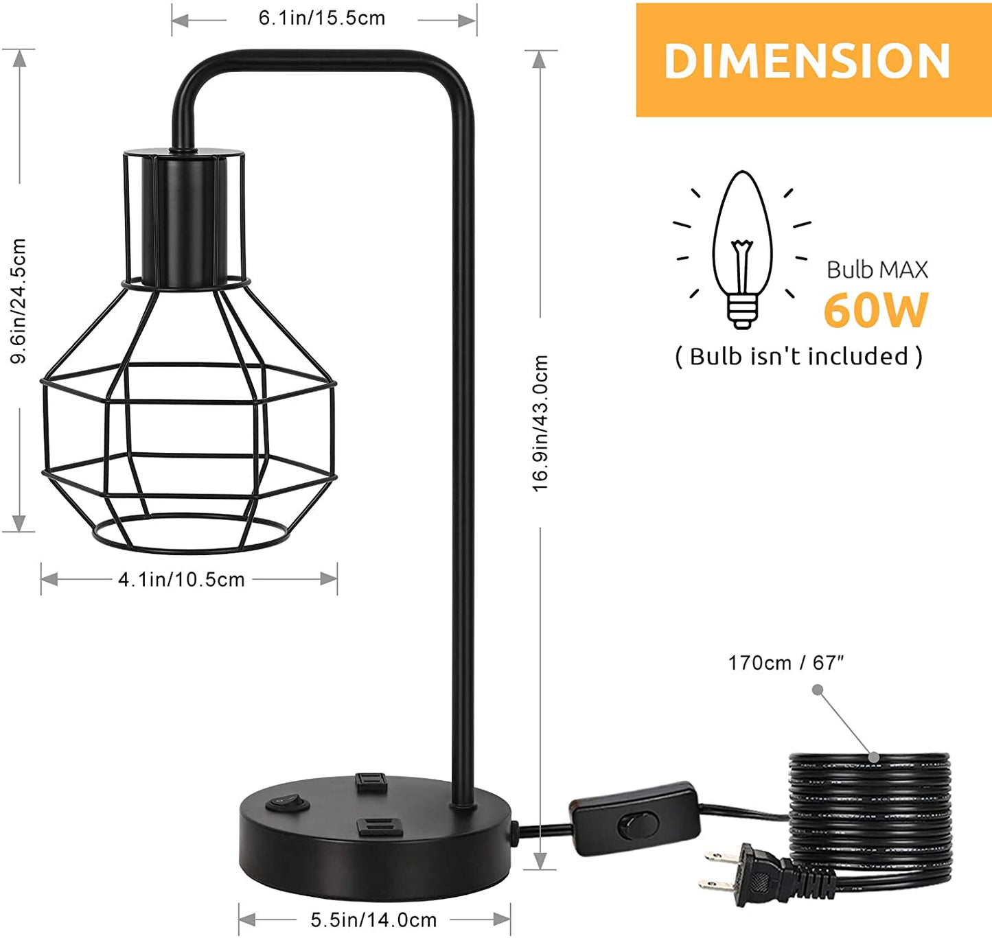 USB Modern Table Lamp with Outlet, Industrial Farmhouse