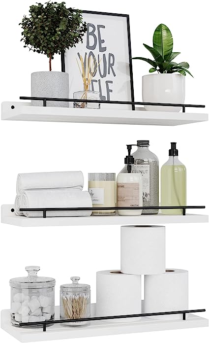 Set of 3 Floating Shelves with Black Metal Guardrail