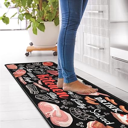 Non Skid Washable Black Kitchen Mat Soft Super Absorbent Anti Fatigue Kitchen Mat Runner Set Doormat Bathroom 17"x47"+17"x30", 2 PCS