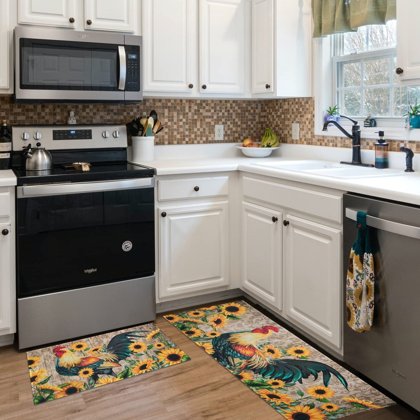 Set of 2- Plant Floral Butterfly Kitchen Rugs with Runner Decor Accessories Things - 17x30 and 17x48 Inch