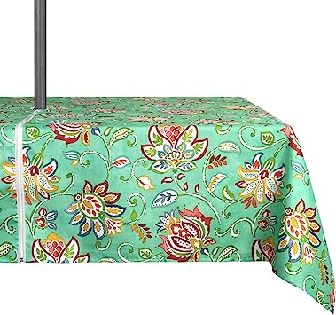Medallion Outdoor Tablecloth with Umbrella Hole - Water Resistant Spillproof Table Cover (Zippered - 60" x 60" Square, Light Green)