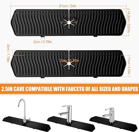 24in Faucet Mat Splash Catcher, Handle Drip Catcher Tray, Multipurpose for Kitchen Dish Drying Mats Sponge Holder and Bathroom Countertop Protect(Black)