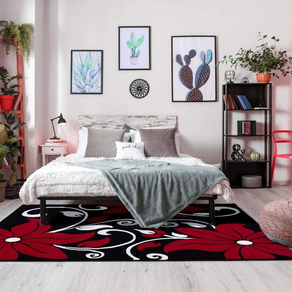 Victoria Collection Modern Red Floral Soft Area Rug