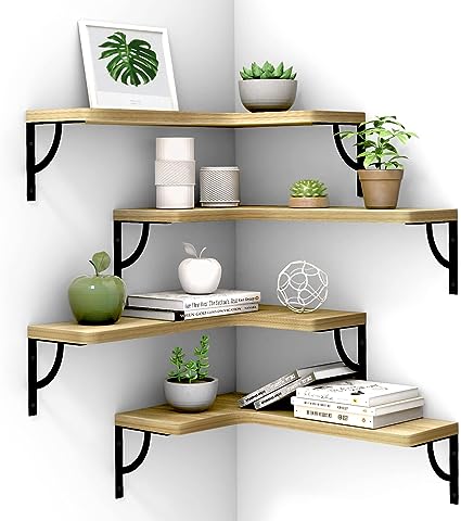 Set of 4, Corner Wood Display Storage Wall Mounted  Floating Shelves