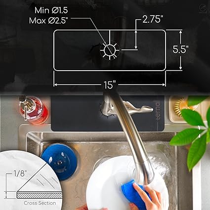 Absorbent Diatom Rubber, Black, Large Size Splash Guard & Drip Catcher for Around Faucet Handle Sinkmat
