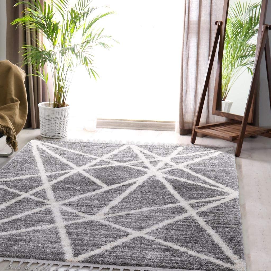 Shaggy Collection Grey Shagg Geometric Soft Area Rug