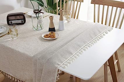 Solid Color Tassel Tablecloth - Cotton Linen Round Table Cover - Linen