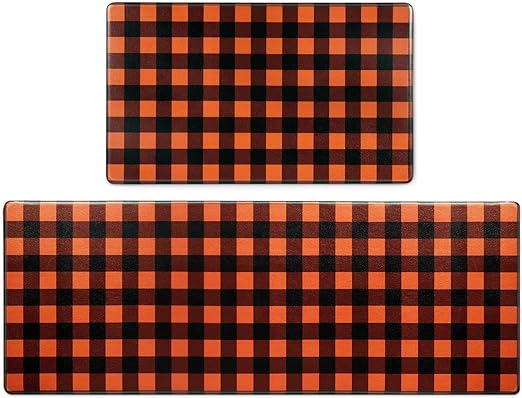 2 PCS Non Slip Halloween Decor Checkered Kitchen Floor Mats, 17x30 and 17x47 Inch