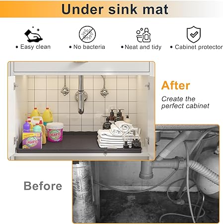 Under Sink Mat for Kitchen Waterproof, 34" × 22" Silicone Bathroom Sink Mat, under sink Liner drip tray and protectors for bottom of kitchen sink, Fits 36'' Stand Cabinets (Black)