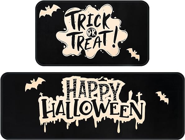 2 PCS Non Slip Halloween Decor Checkered Kitchen Floor Mats, 17x30 and 17x47 Inch