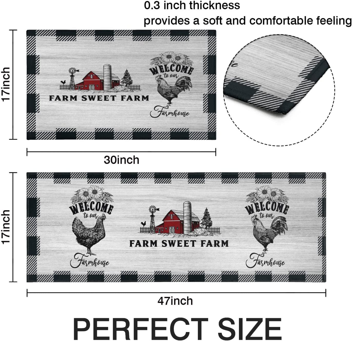 Anti Fatigue Non Slip Waterproof Washable Rug - 17x24+17x48inch Grey