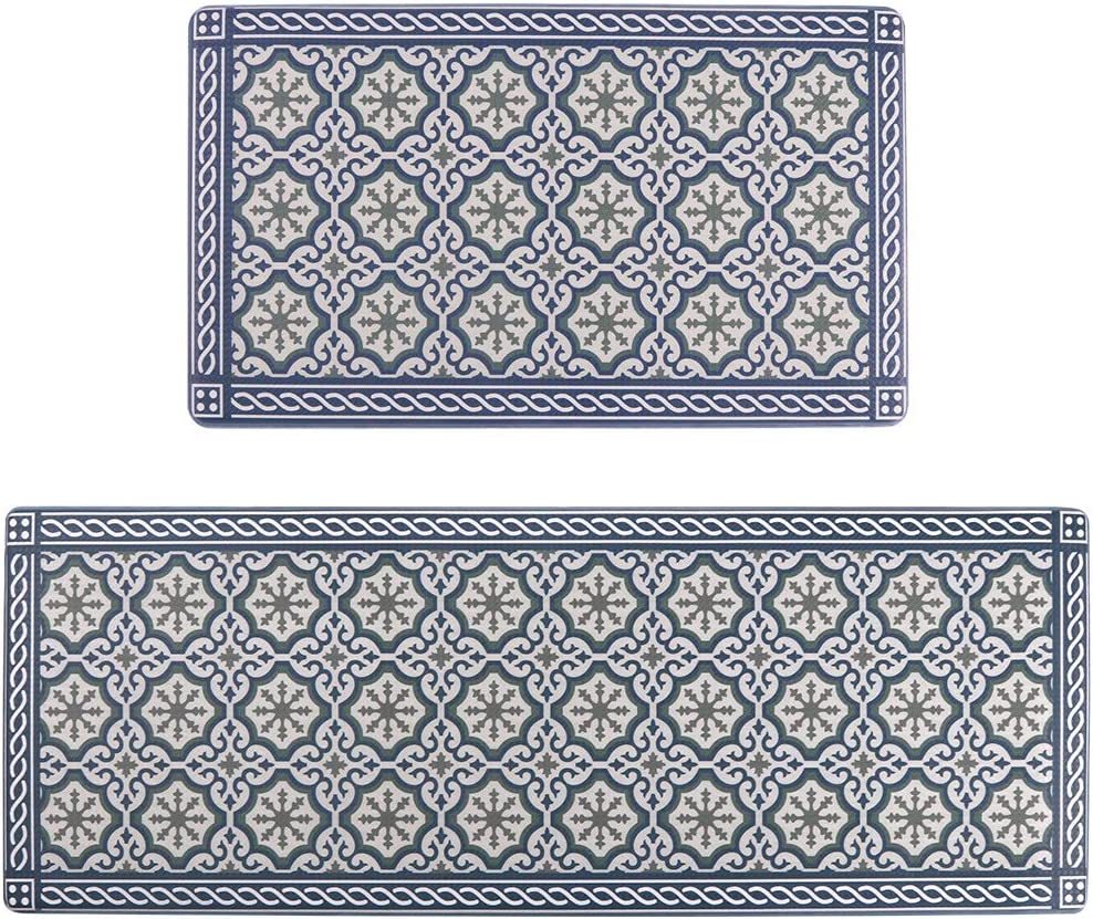 2 Piece Set Anti Fatigue Grey Blue Padded Rubber Cushioned Standing Mats - 17"x30"+17"x47"