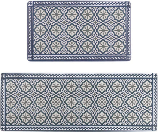 2 Piece Set Anti Fatigue Grey Blue Padded Rubber Cushioned Standing Mats - 17"x30"+17"x47"