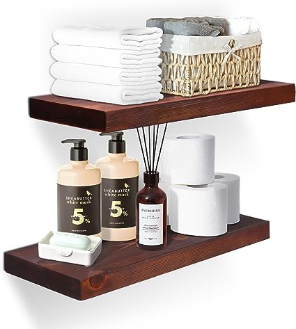 16" Natural Wood Floating Shelves, Brown, Set of 2.