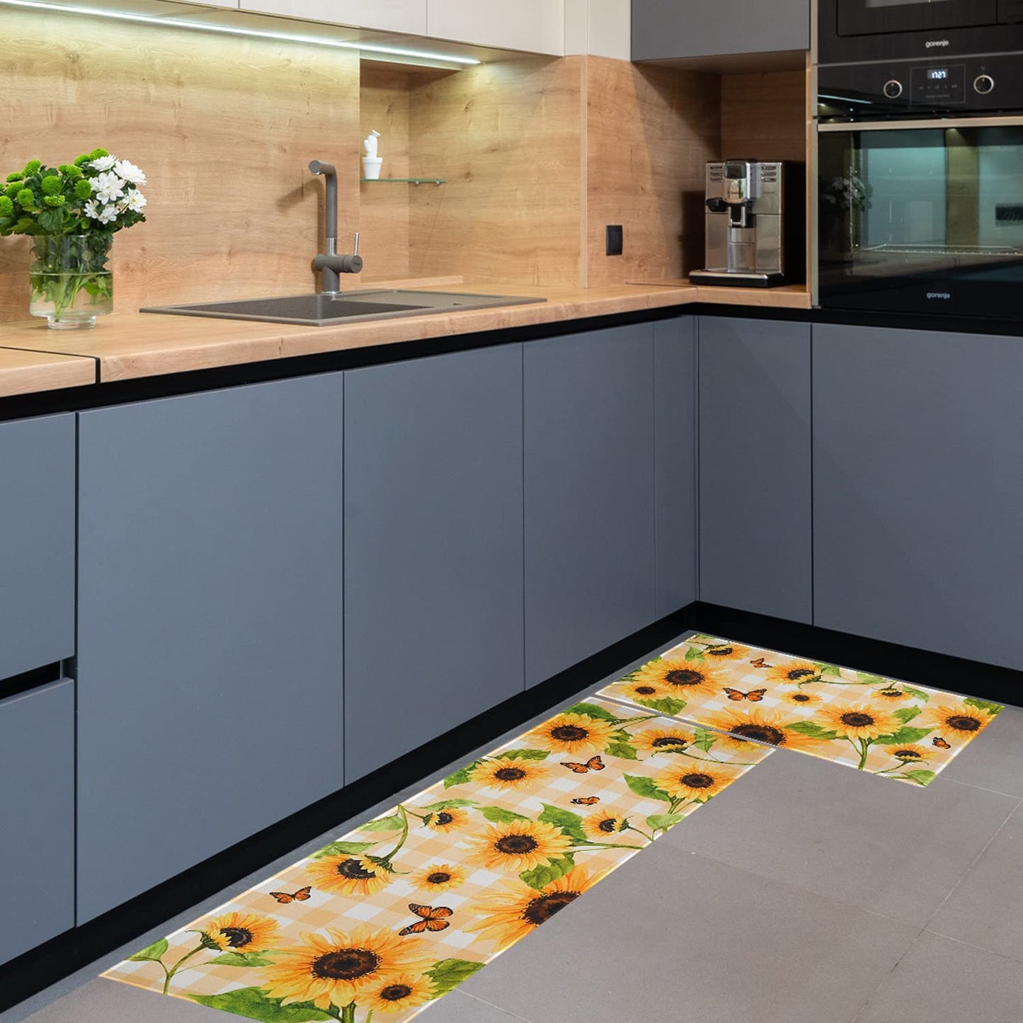 Set of 2- Plant Floral Butterfly Kitchen Rugs with Runner Decor Accessories Things - 17x30 and 17x48 Inch