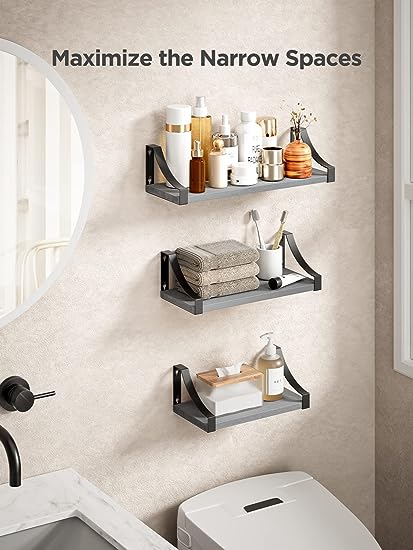 Set of 3 Floating Shelves with Heavy Duty Metal Frame, Hold up to 55lbs, Gray