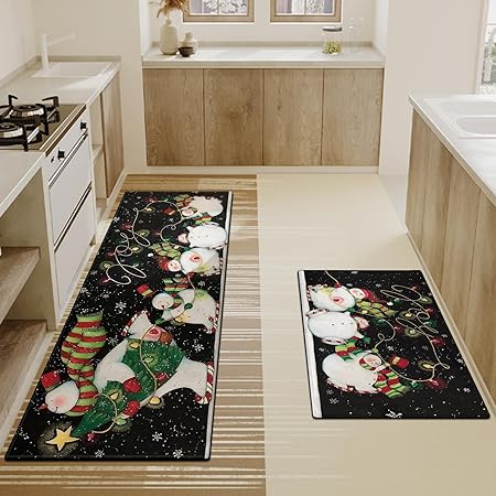 Set of 2, Non Skid Washable Winter Snowman Let It Snow Snowflake Knitted Gloves Xmas Holiday Sink Floor Mat, 17"x47"+17"x30"