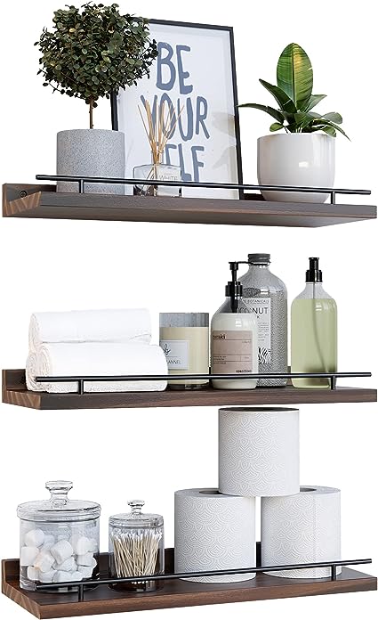 Set of 3 Floating Shelves with Black Metal Guardrail