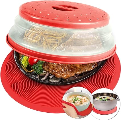 Microwave Mat & Food Cover- 10“ Mat as Bowl Holder, Multi-use: Silicone Trivet, Utensils Rest for Kitchen Counter