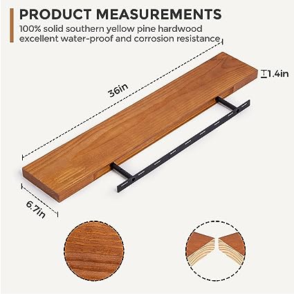 Rustic Solid Wood Wall Shelf Set of 2 - 24"D x 6.7"W x 1.4"H - Dark Walnut Color