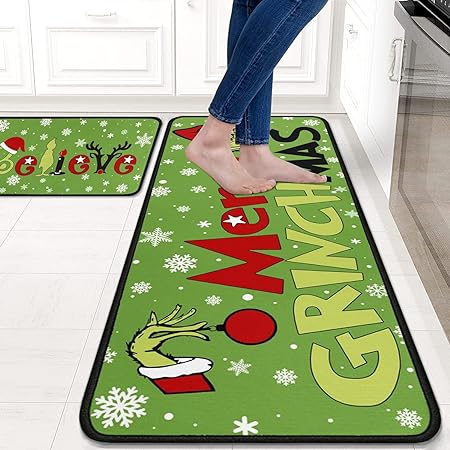 Non Slip Absorbent Waterproof  Christmas Decorations Kitchen Rugs and Mats Set of 2, 17x29 and 17x47 Inch