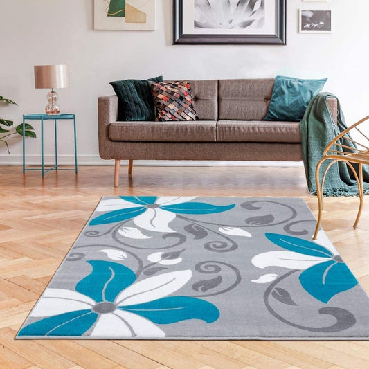 Victoria Collection Modern Turquoise Floral Soft Area Rug