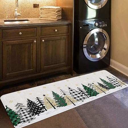 Set of 2 Anti-Fatigue Black and Green Gray Buffalo Xmas Tree Non-Slip  Runner Rug, 16x24n+16x47in