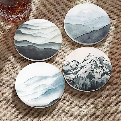 Round Drinks Absorbent Stone Coaster Set With Ceramic Stone and Cork Base (Forest, 4)
