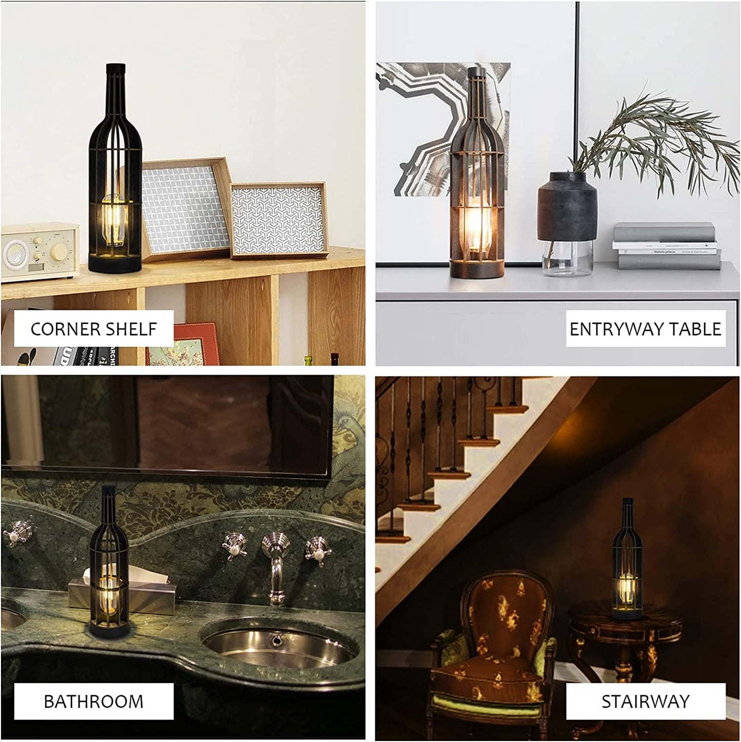 Battery Operated Table Lamps Timer Wooden Wine Bottle Shape Decorative Lamp (Black)