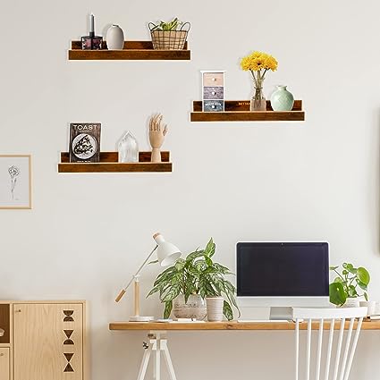 Set of 3, 24 Inch Rustic Wood Shelves with Ledge, Various Sizes, Wall Mounted Display, Rustic Brown BT006