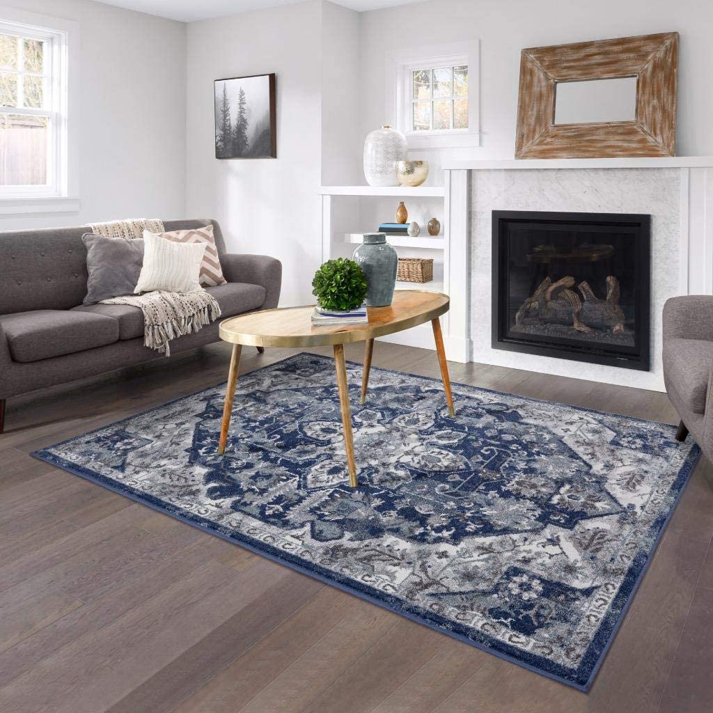 Hampstead Collection Dark Blue Orientral Soft Area Rug