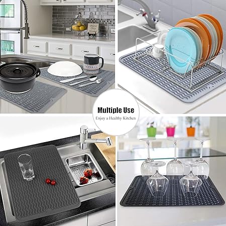 Silicone Non-Slip Easy Heat-resistant Dish Drainer Mat for Kitchen Counter, Sink, Refrigerator or Drawer liner (16" x 12", BLACK)